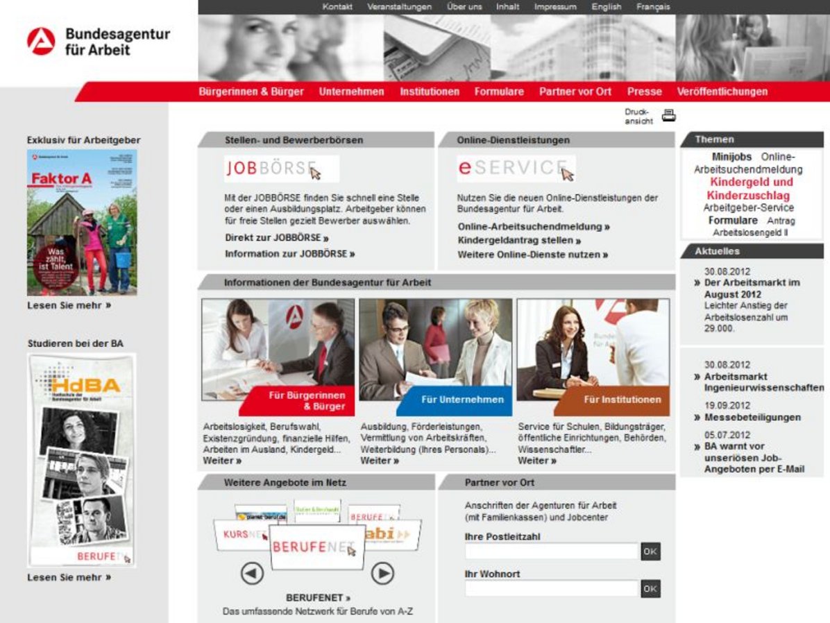 Screenshot Arbeitsamt Startseite der Bundesagentur für Arbeit
