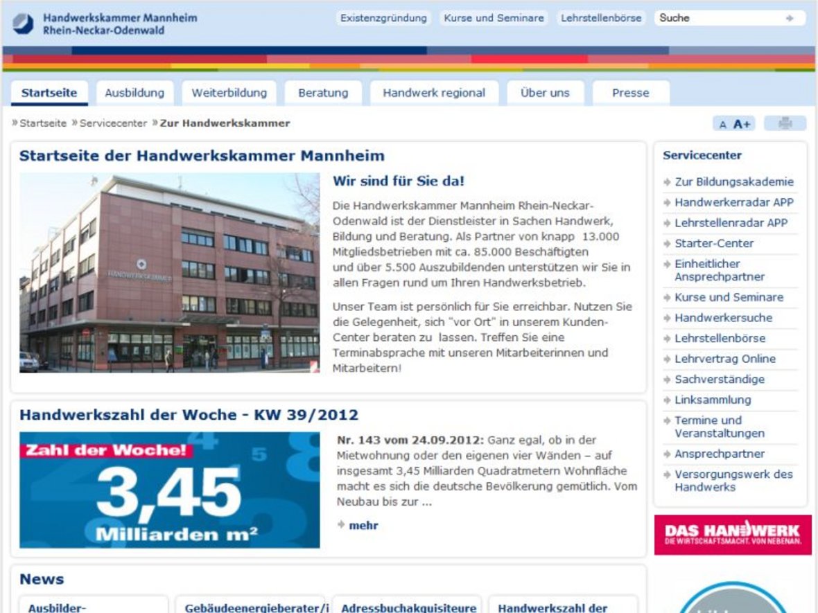 Screenshot HWK Bild der Homepage der Handwerkskammer Mannheim